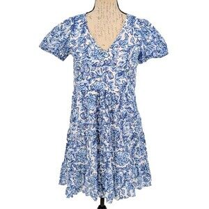 S TS  Dress NWT $188 White Blue Floral Cotton Baby Doll Tiered Small